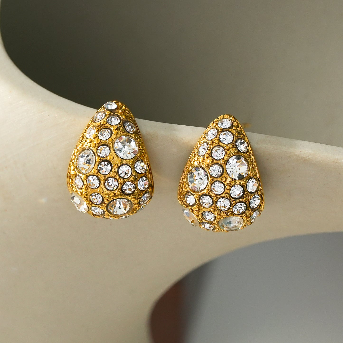 ADALAJ Gold: Pavé Zirconia Tear Drop Stud Earrings - Statement of Confidence