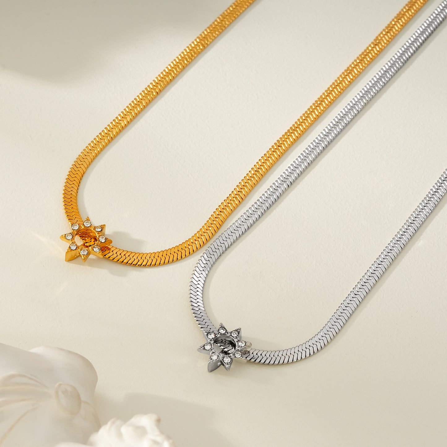AGULHAS Gold: Celestial Elegance - Snake Skin Chain Necklace with Zirconia Embedded Star Charm