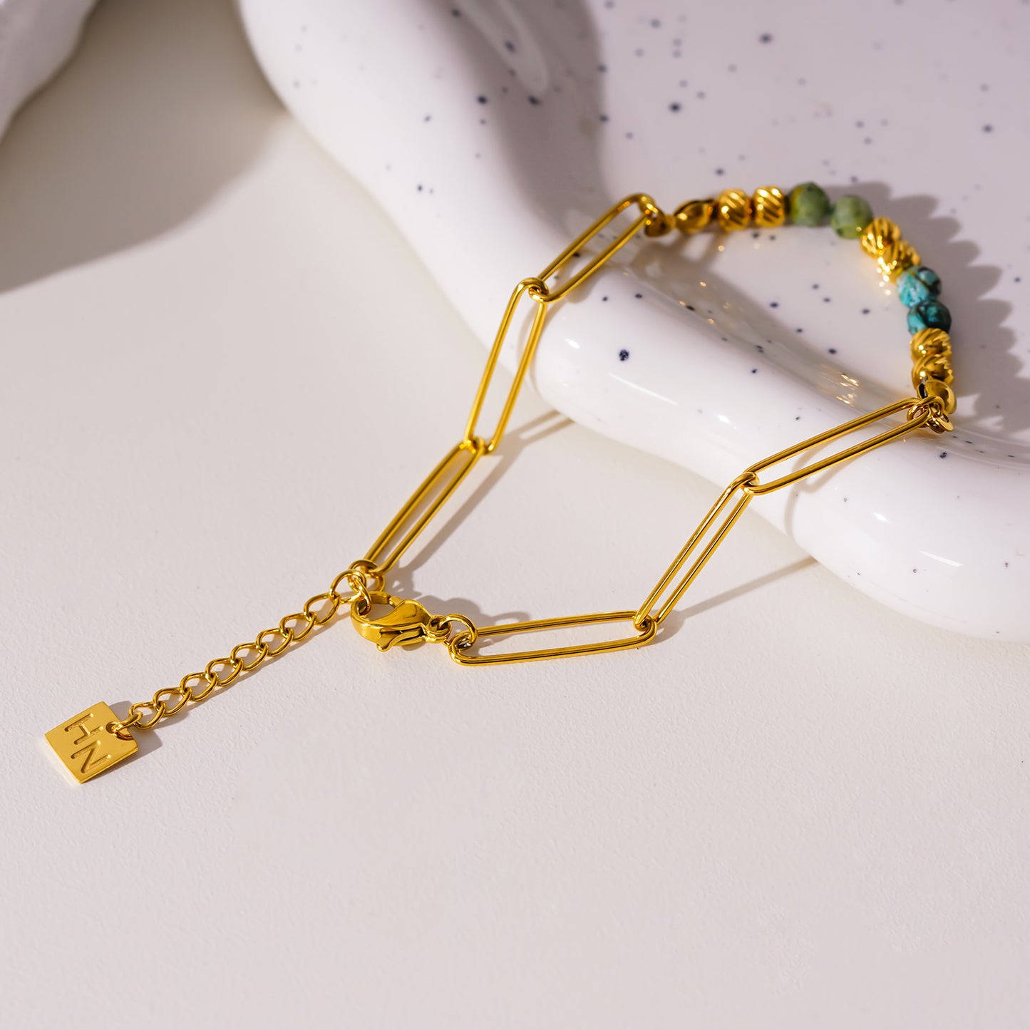 Style AIJAMI 6810: Link-Chain , Gold Beads & African Turquoise Natural Stones Bracelet.