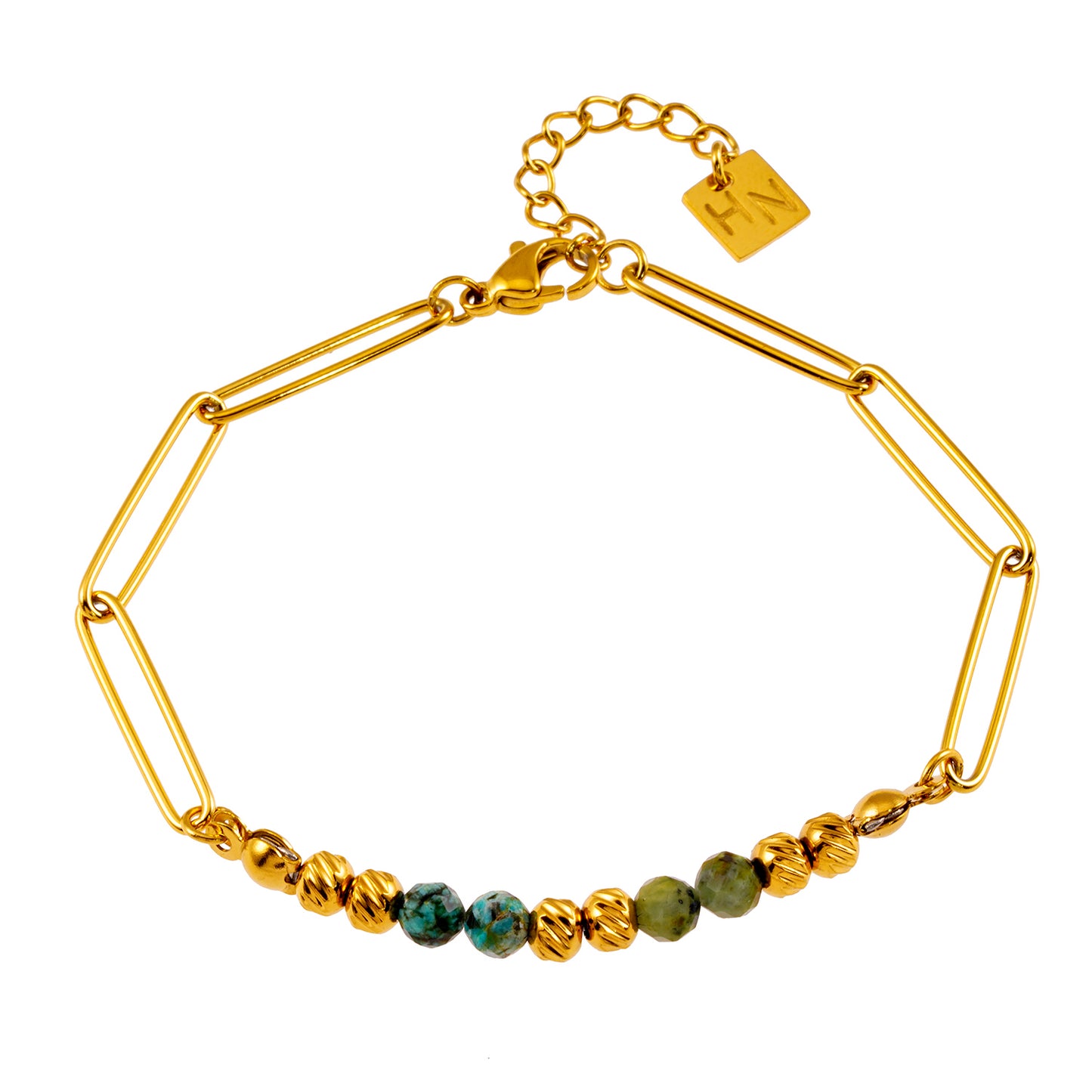 Style AIJAMI 6810: Link-Chain , Gold Beads & African Turquoise Natural Stones Bracelet.