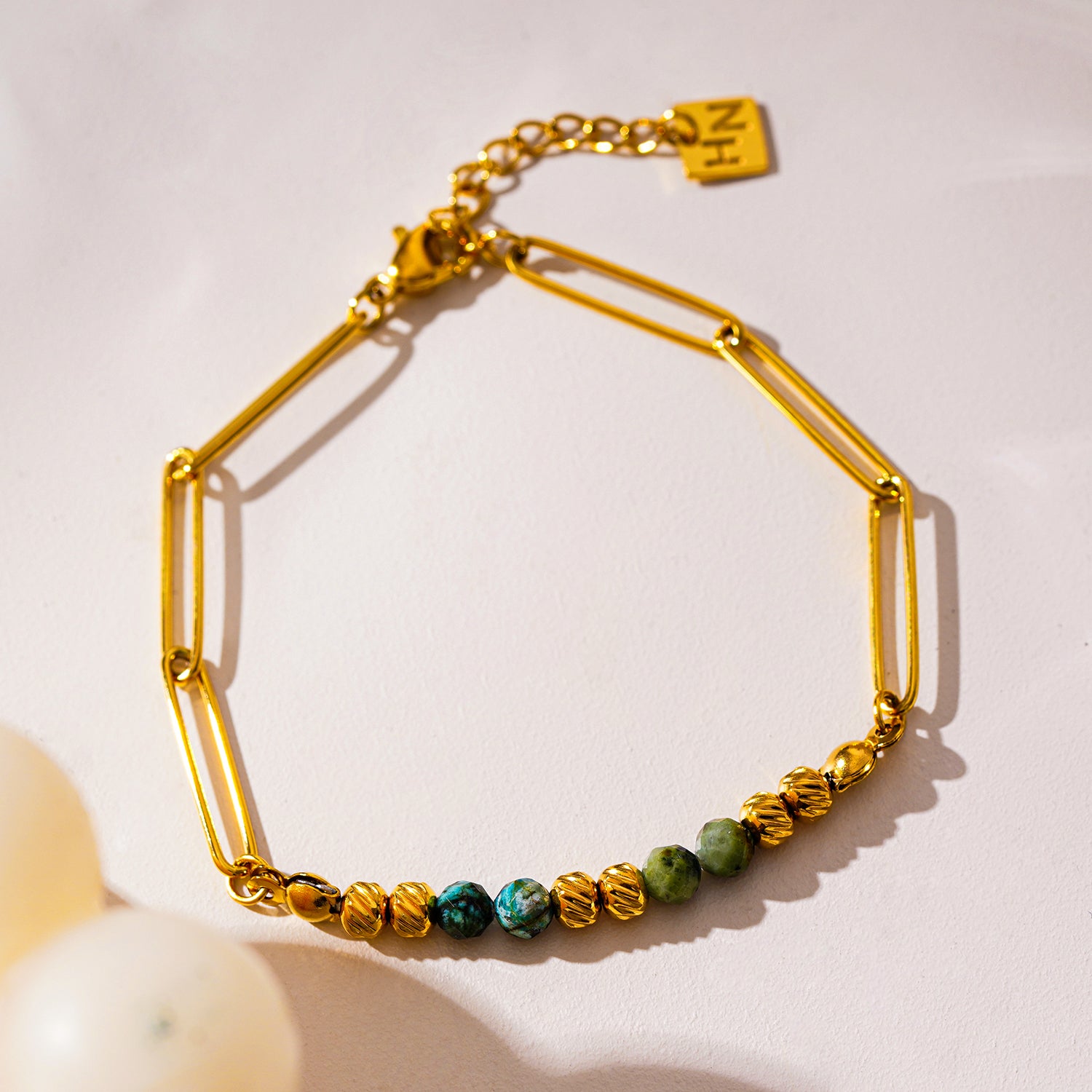 Style AIJAMI 6810: Link-Chain , Gold Beads & African Turquoise Natural Stones Bracelet.