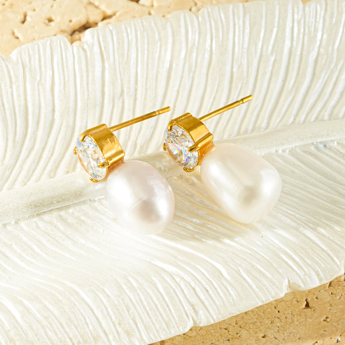 AISHANA Gold: Freshwater Pearl & Solitaire Zirconia Stud Earrings