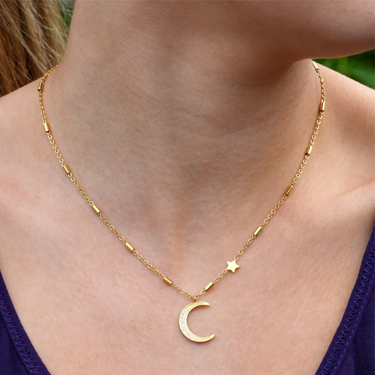 ALMERIA: Celestial Magic - Zirconia Embeded Crescent Moon and Star Necklace