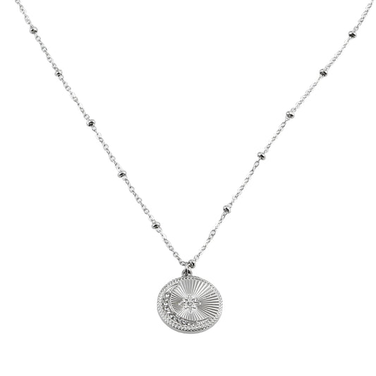 Style AMASA 52207S: Beaded Chain with Star & Pavé Crescent Moon Zirconia Charm - Silver