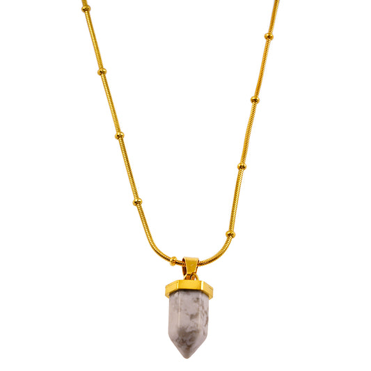 Style AMELIE 2330: White Turquoise Stone Pendant Anchored on a Beaded Snake Skin Textured Chain Necklace.