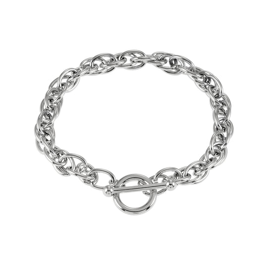 ARDA Silver Toned White Gold: Chunky Intricate Multi-Link Bracelet with Circle & T-Stopper