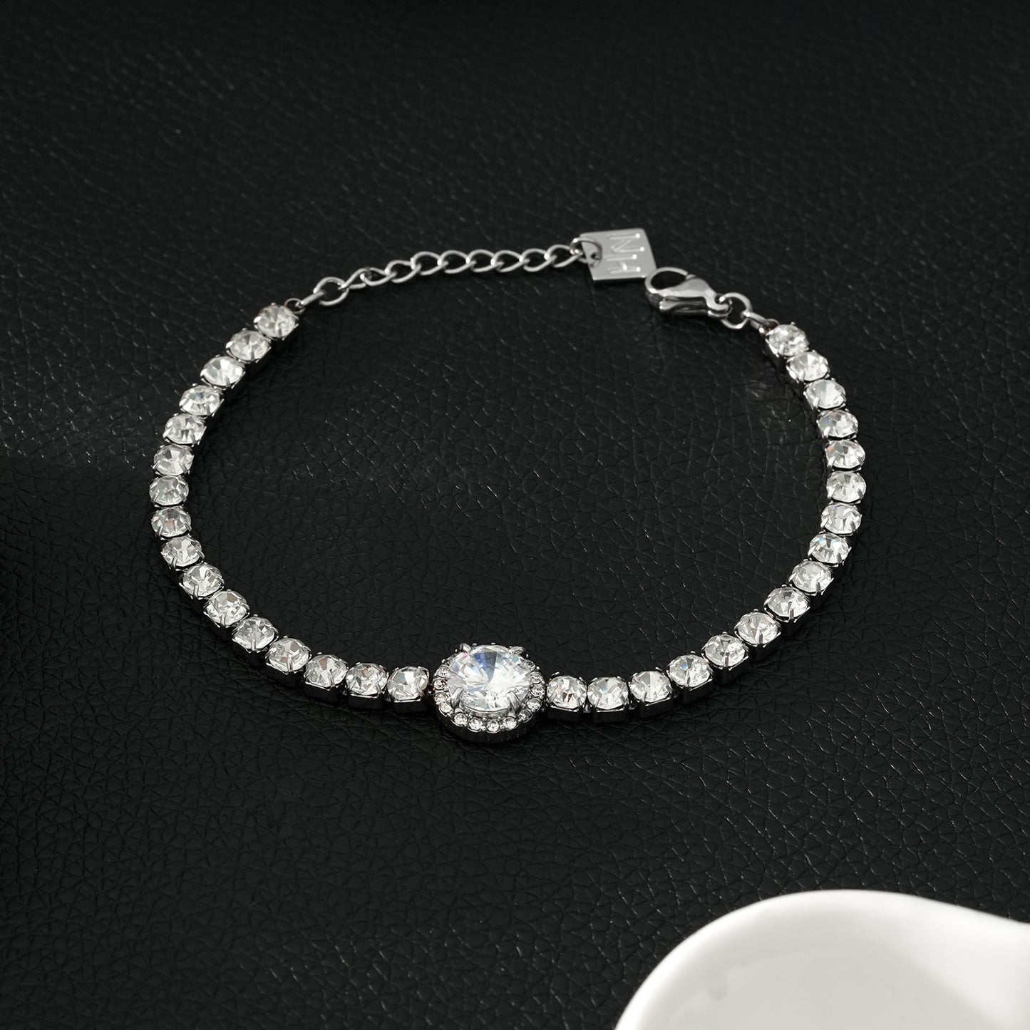 BEREA White Gold Silver Toned: Tennis Bracelet with Large Zirconia (CZ) Centrepiece – Timeless Elegance for Every Occasion