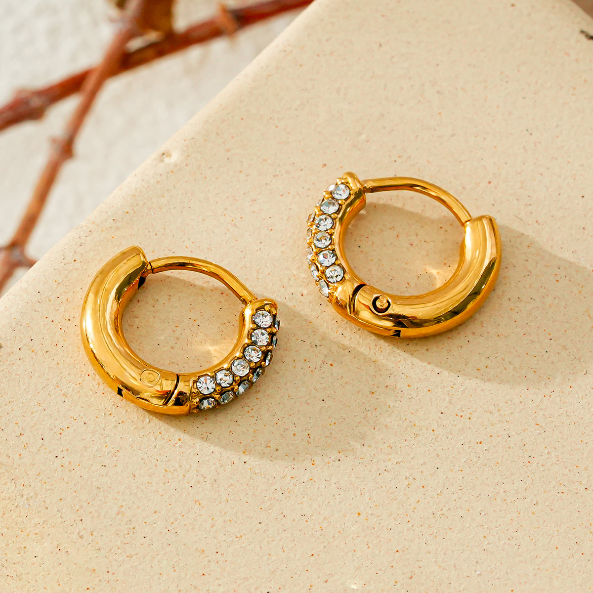 BISHO Gold: Twin Rows of Pavé Zirconia on Classic Mini Hoop Earrings