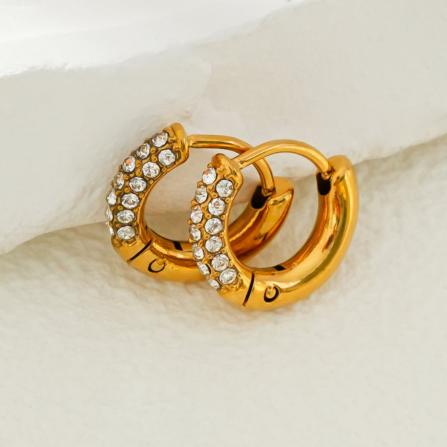 BISHO Gold: Twin Rows of Pavé Zirconia on Classic Mini Hoop Earrings