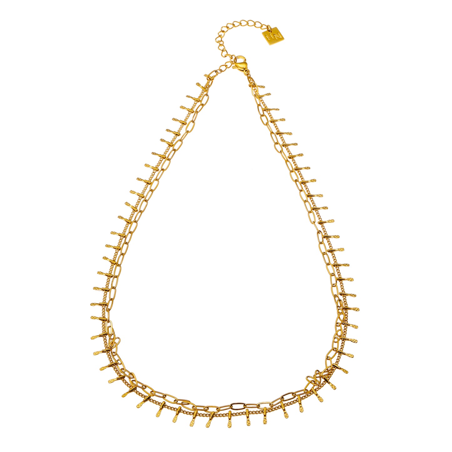 Style BRONTE 85460: Layered 2-Chain Necklace with Minimalist PaperClip Chain & Ornate Hook Chain.