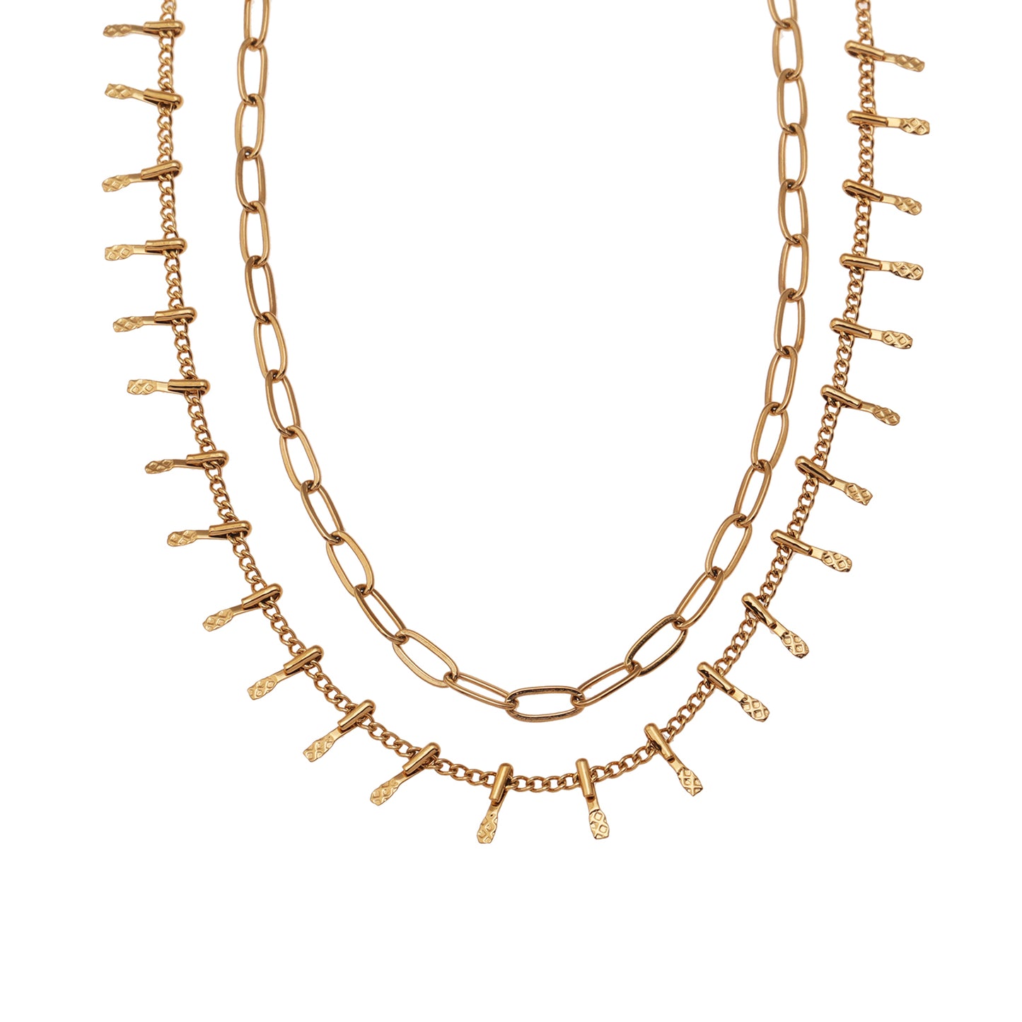 Style BRONTE 85460: Layered 2-Chain Necklace with Minimalist PaperClip Chain & Ornate Hook Chain.