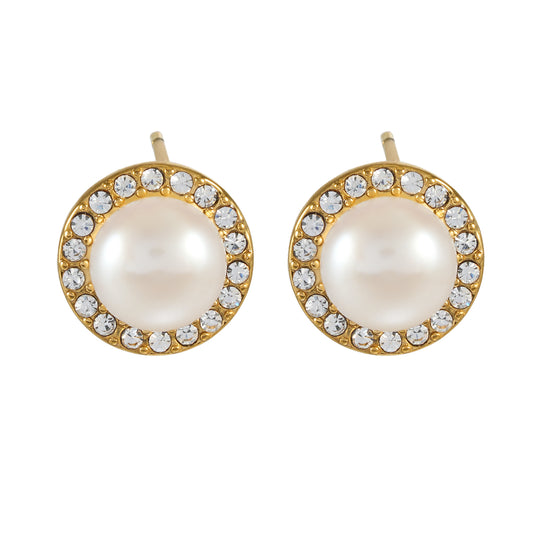 CACIA Gold: Mini Stud Earrings with Freshwater Pearl & Pavé Zirconia Border