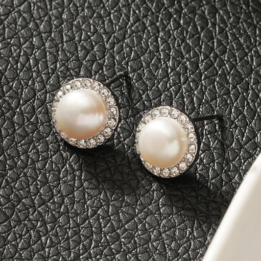 CADDA Silver (White Gold): Stud Earrings with Freshwater Pearl & Pavé Zirconia Border