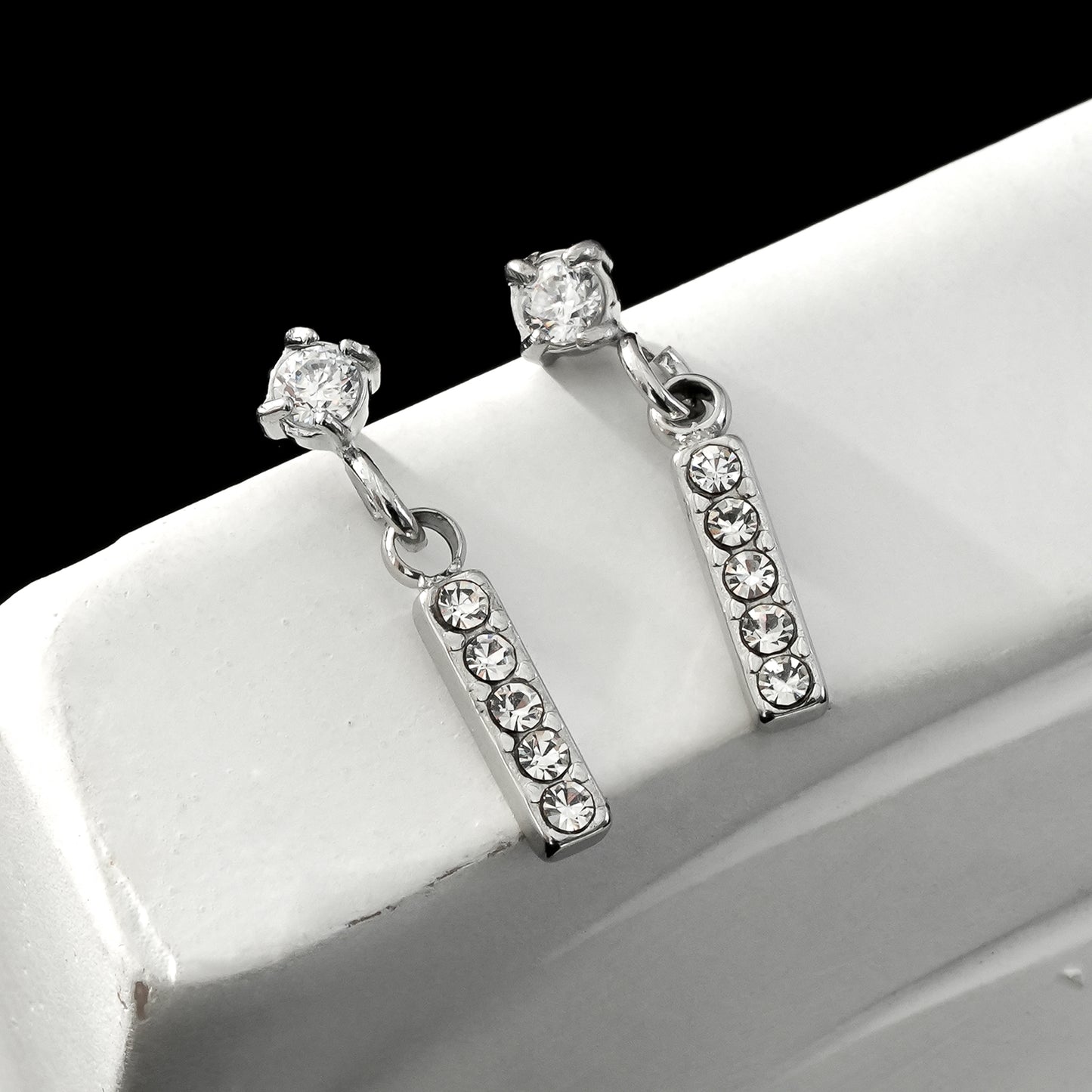 CAMDEN Silver (White Gold): Zirconia Embedded Bar & Mini Solitaire Combo Studs