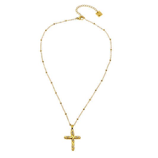 CHAMONIX Gold: Dainty Beaded Chain Necklace with a Zirconia Embedded Textured Cross Pandent
