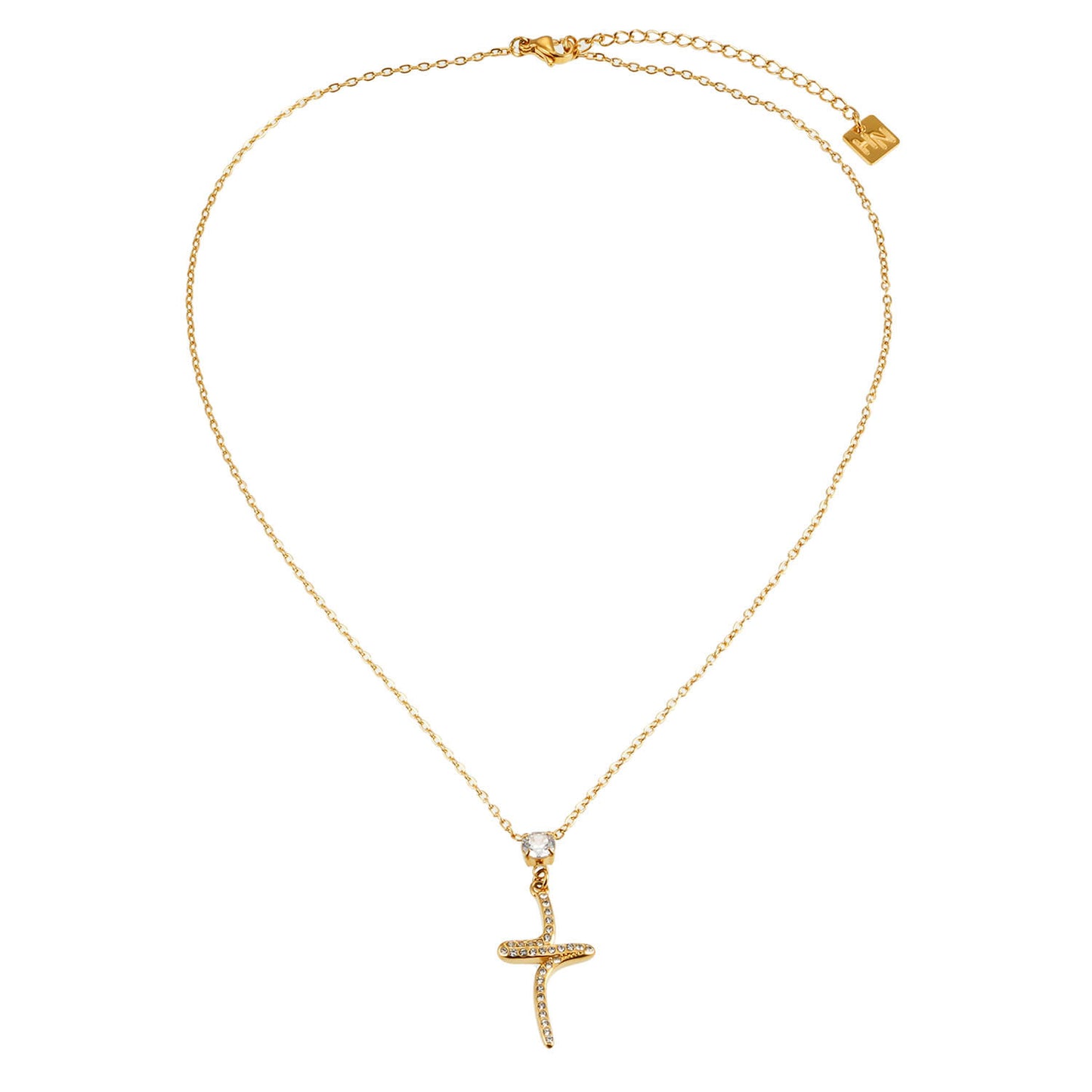 CRISTO Gold: Dainty Chain Necklace with a Zirconia Embedded Abstract Textured Cross Pendent