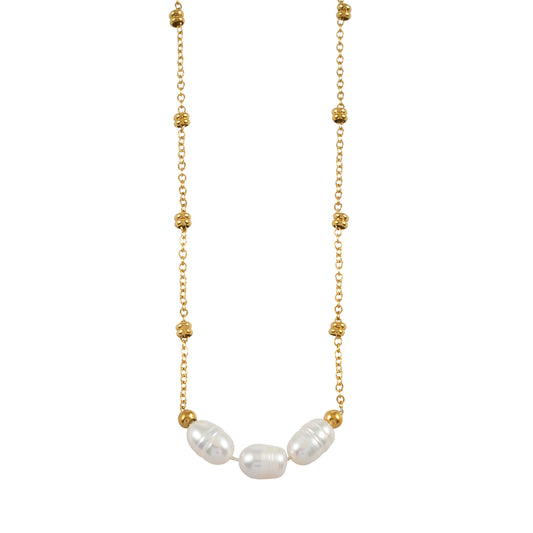 DAMINNA Gold: Dainty Beaded Chain Necklace with Freshwater Pearl Trio