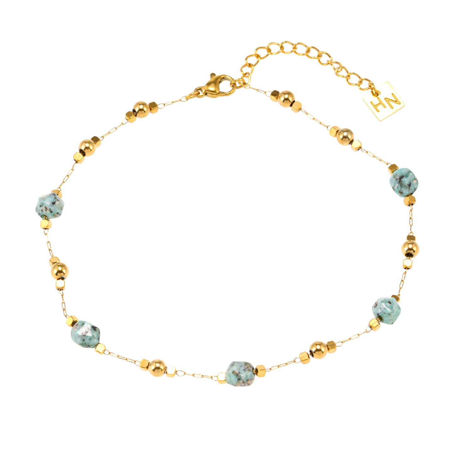 Style GIROC 9595: Link-Chain, Gold Beads & African Turquoise Natural Stones Anklet.