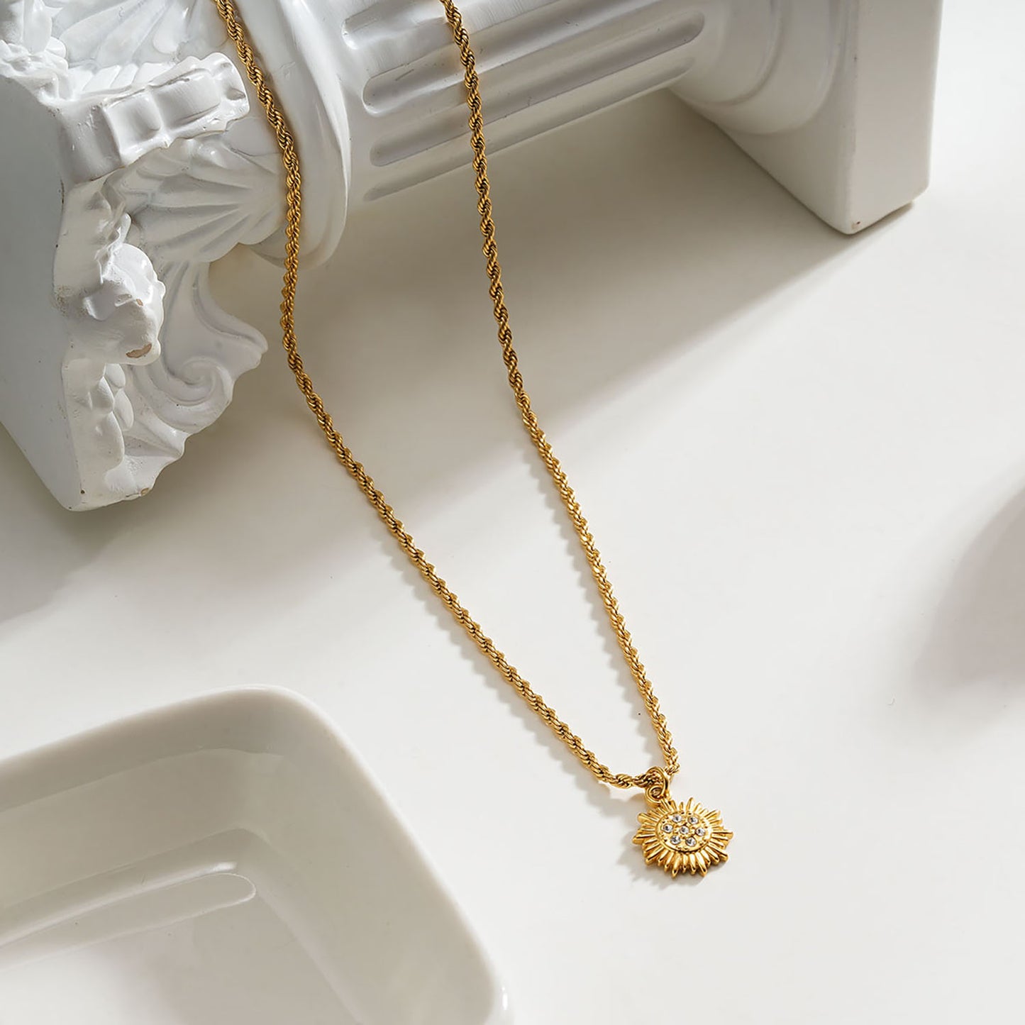 ISA Gold: Rope Chain Necklace with Pave Zirconia Radiant Sun Pendant