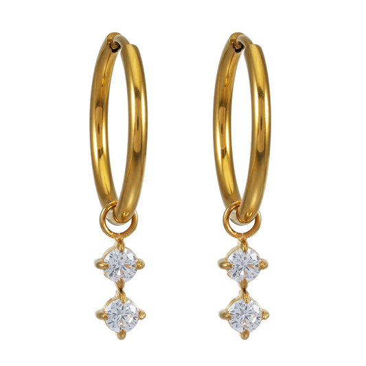 MORTAINA Gold: Retro Inspired Mini Hoops with Duo Zirconia Charms