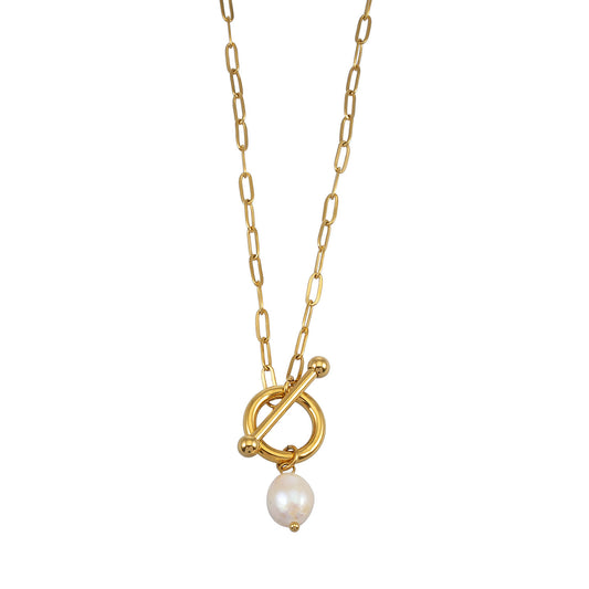 D'ANGELA Gold:  Paperclip Chain Necklace with Toggle Fastener & Pearl Charm