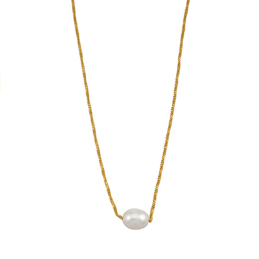 VAZSONY Gold: Effortless Grace - Dainty Textured Chain Necklace with Single Freshwater Pearl