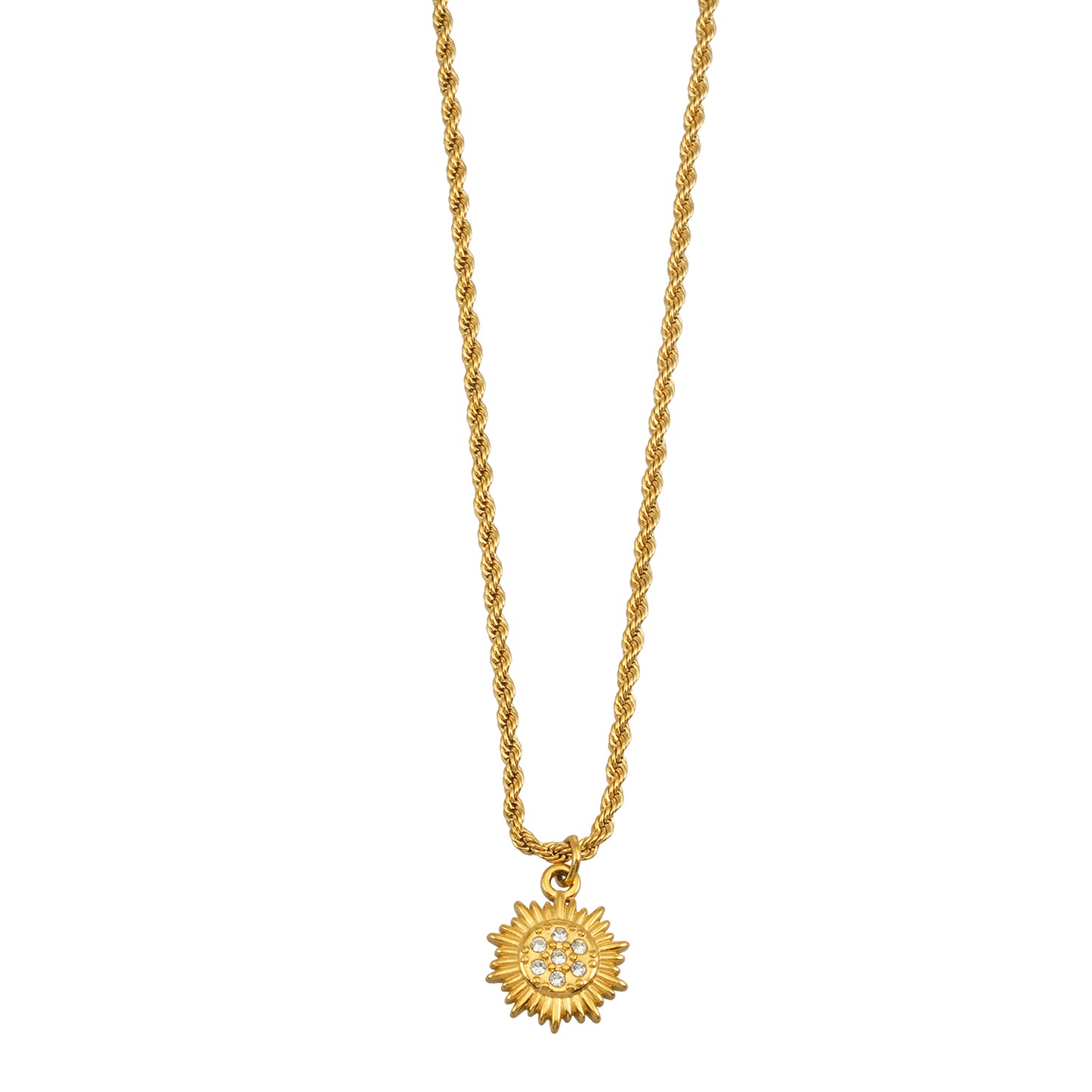 ISA Gold: Rope Chain Necklace with Pave Zirconia Radiant Sun Pendant