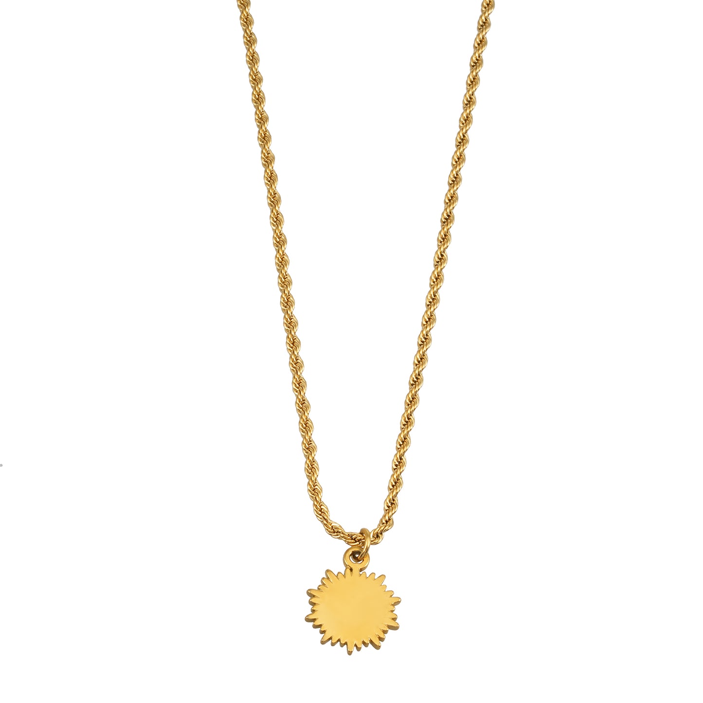 ISA Gold: Rope Chain Necklace with Pave Zirconia Radiant Sun Pendant