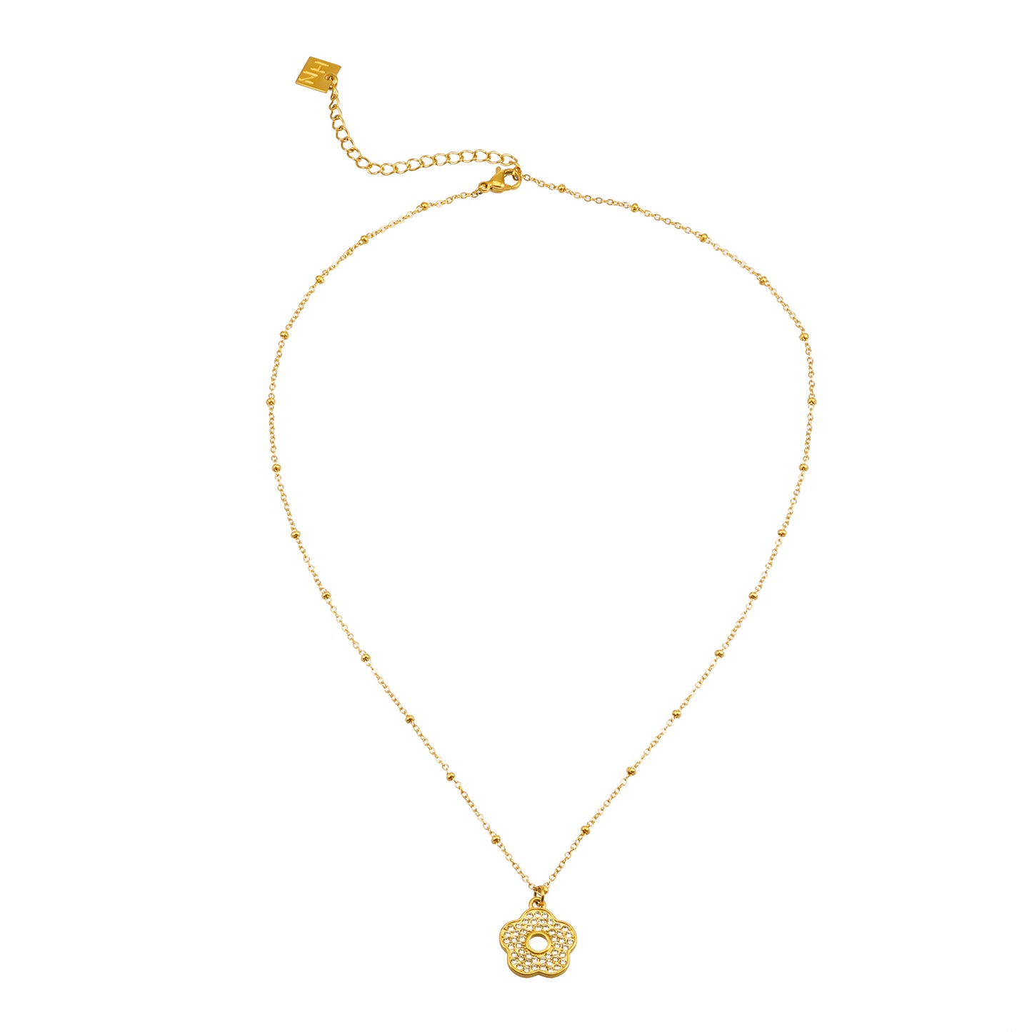 MELRINA Gold Vintage Bloom: Beaded Chain Necklace with Pave Zirconia Flower Charm