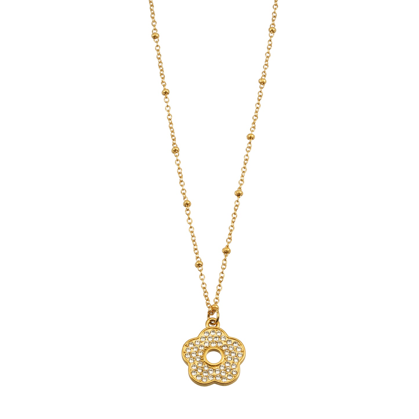 MELRINA Gold Vintage Bloom: Beaded Chain Necklace with Pave Zirconia Flower Charm