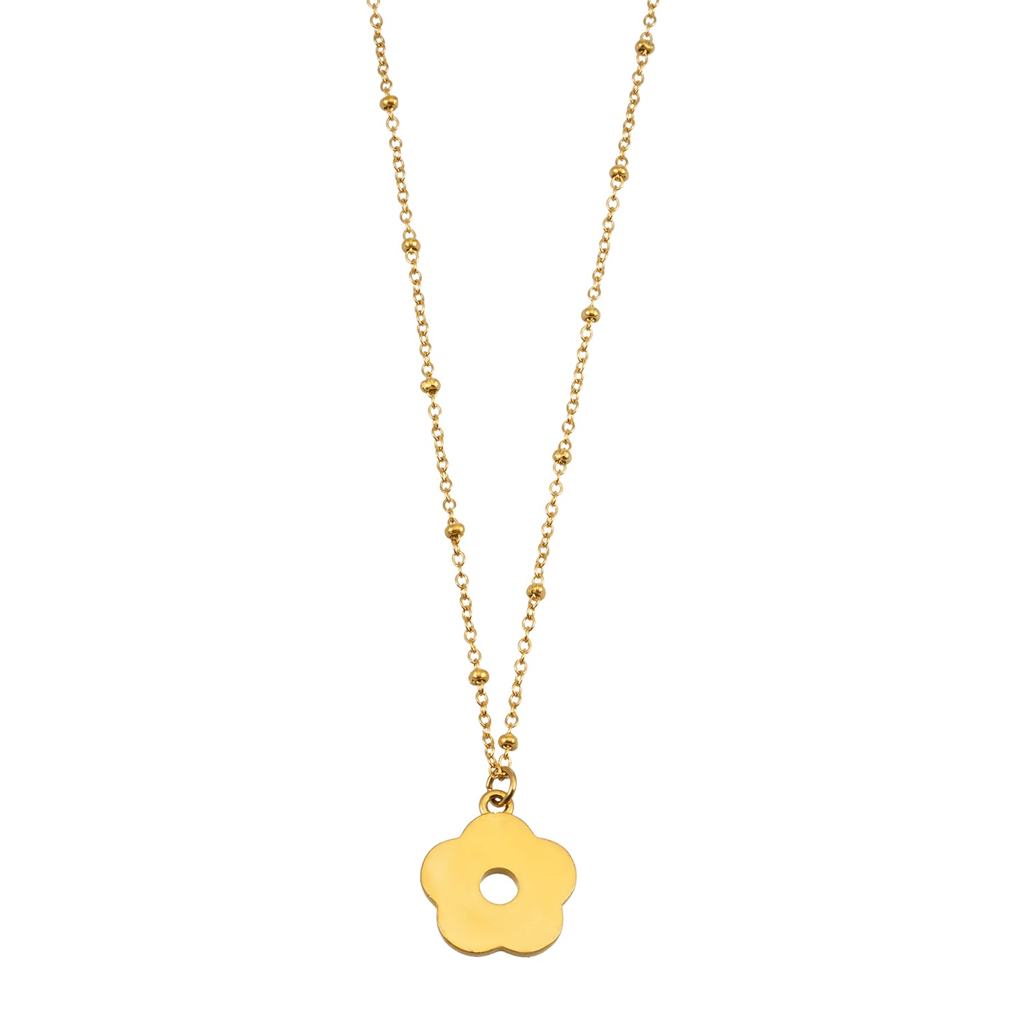 MELRINA Gold Vintage Bloom: Beaded Chain Necklace with Pave Zirconia Flower Charm