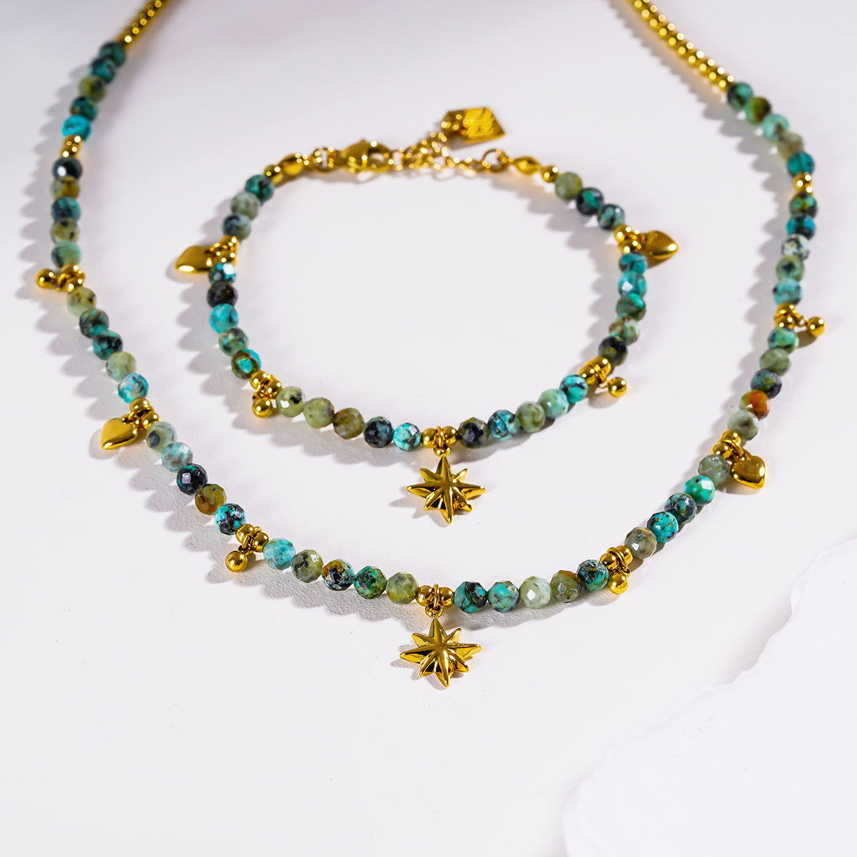 GITANJI: Blue Turquoise Stones with Gold Beads & Charms Chain Necklace