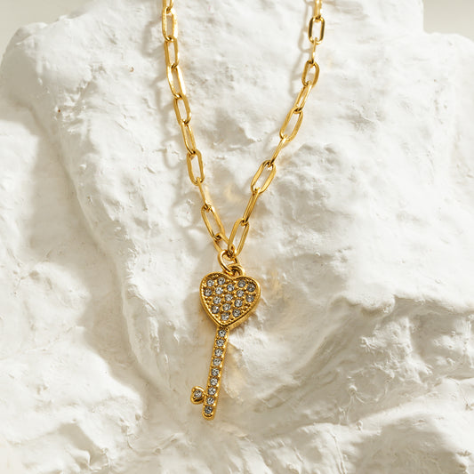 Style JAZRINA Gold: Pavé Key & Heart Pendant on a Paper Clip Chain Necklace