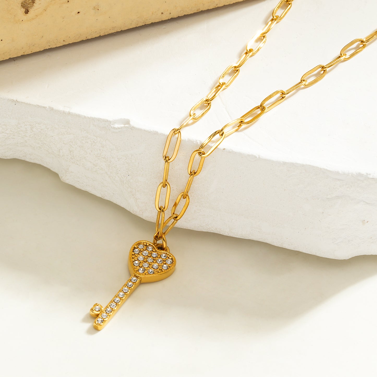 Style JAZRINA Gold: Pavé Key & Heart Pendant on a Paper Clip Chain Necklace