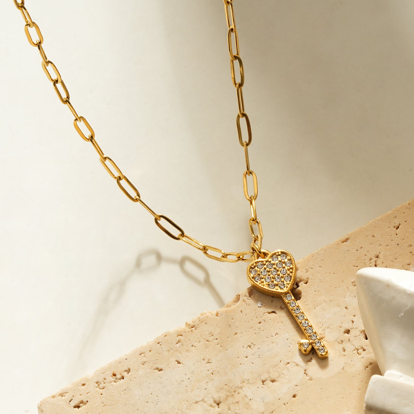 Style JAZRINA Gold: Pavé Key & Heart Pendant on a Paper Clip Chain Necklace