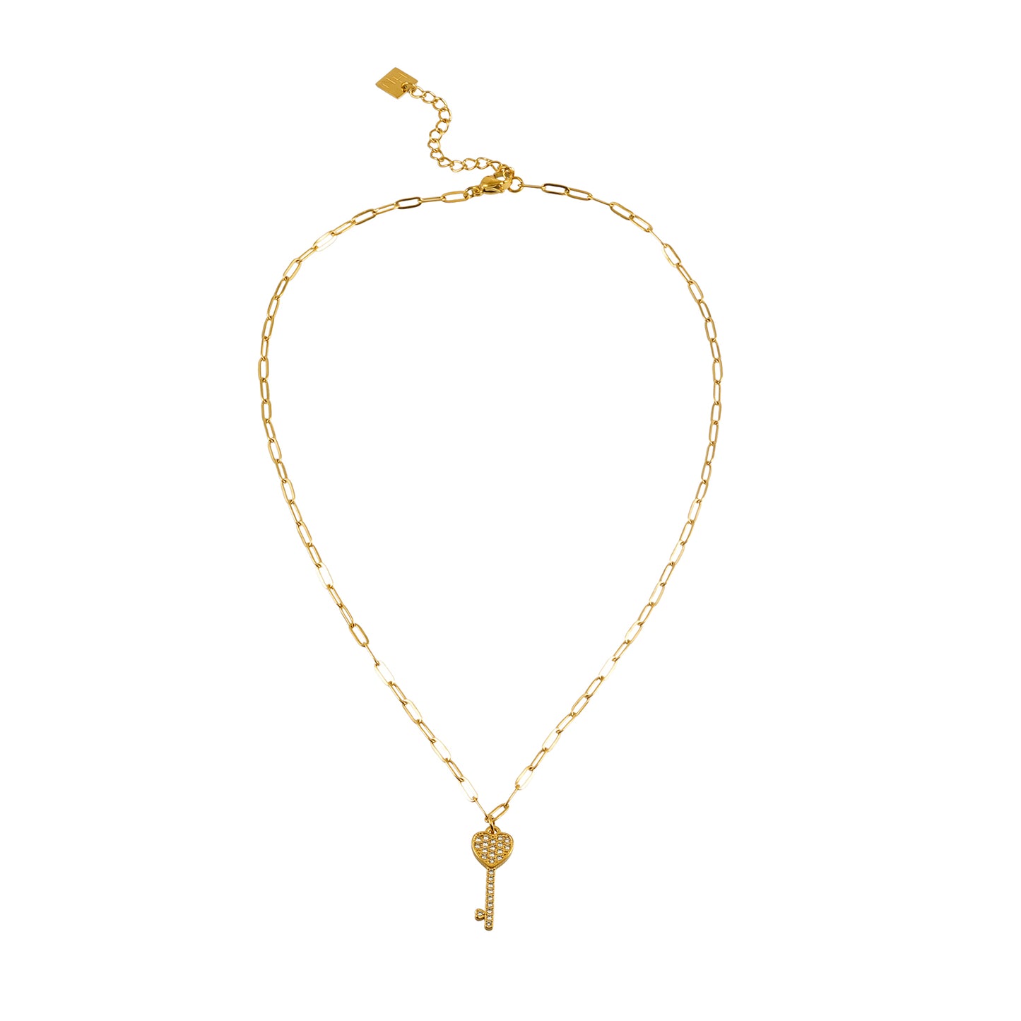 Style JAZRINA Gold: Pavé Key & Heart Pendant on a Paper Clip Chain Necklace
