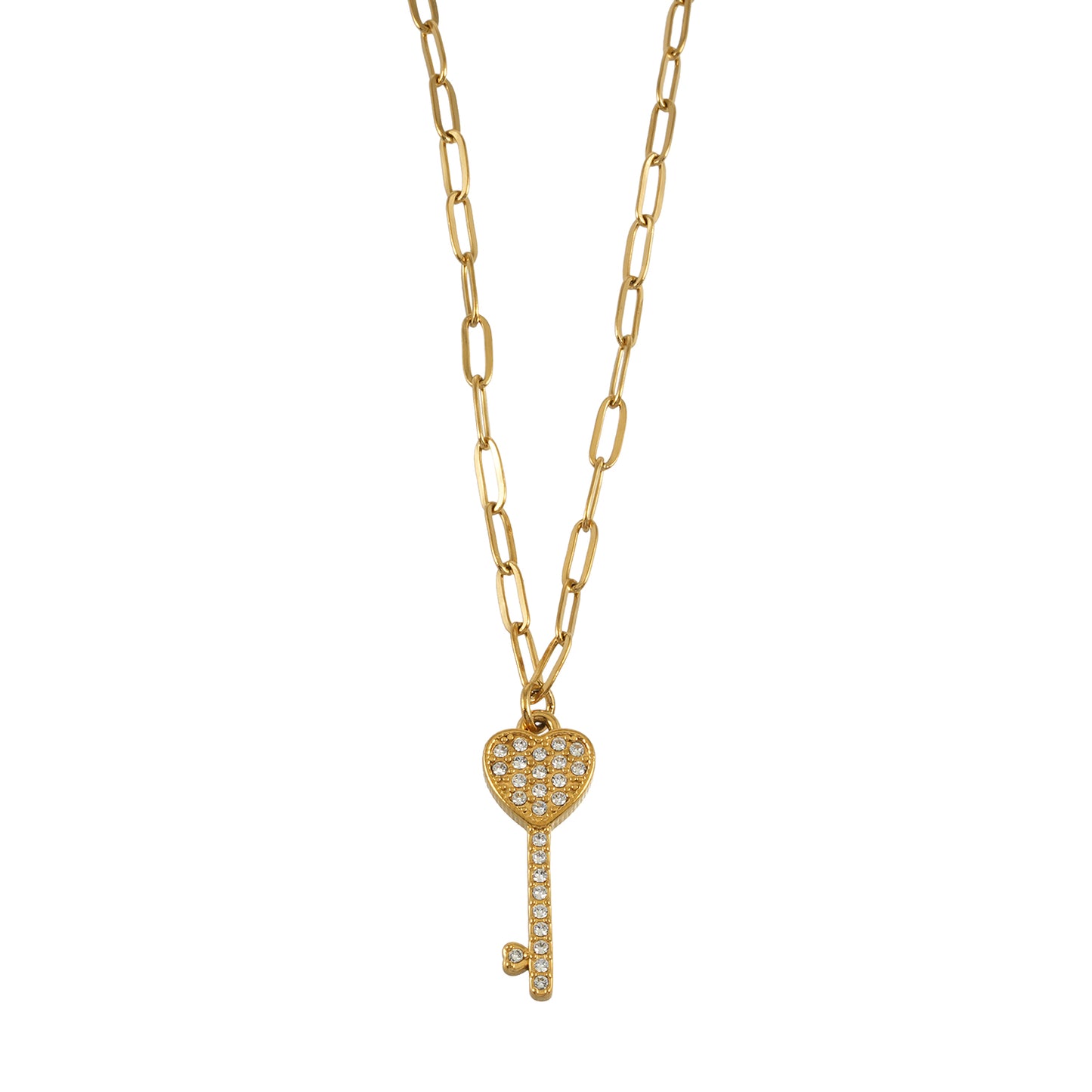 Style JAZRINA Gold: Pavé Key & Heart Pendant on a Paper Clip Chain Necklace