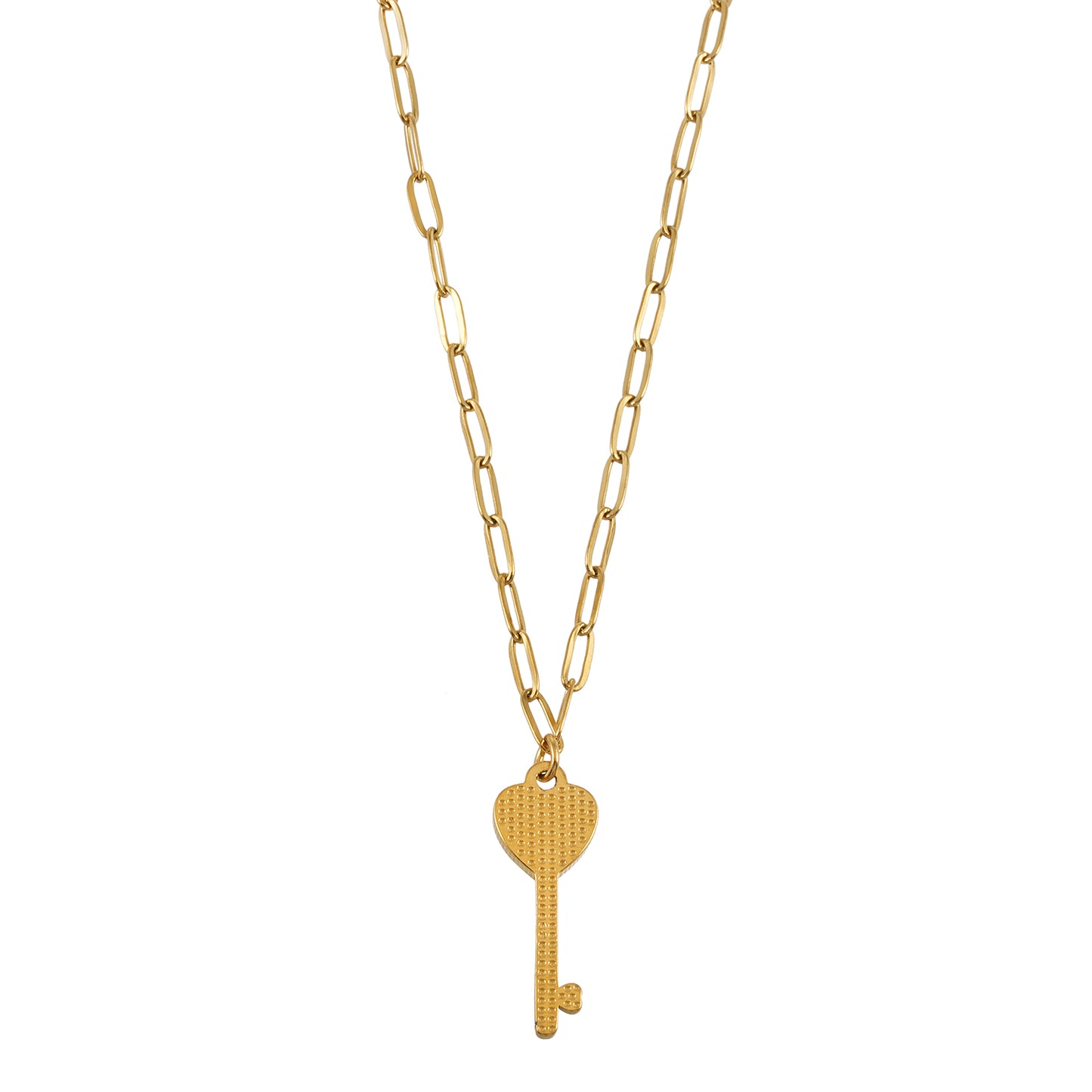 Style JAZRINA Gold: Pavé Key & Heart Pendant on a Paper Clip Chain Necklace