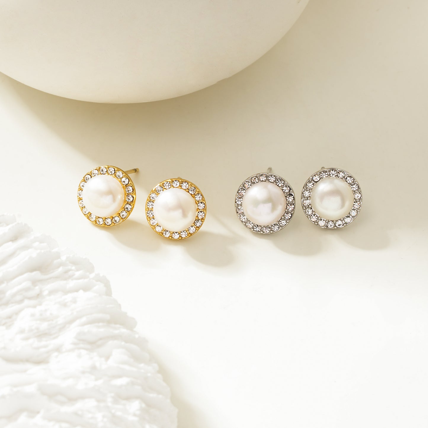 CADDA Silver (White Gold): Stud Earrings with Freshwater Pearl & Pavé Zirconia Border