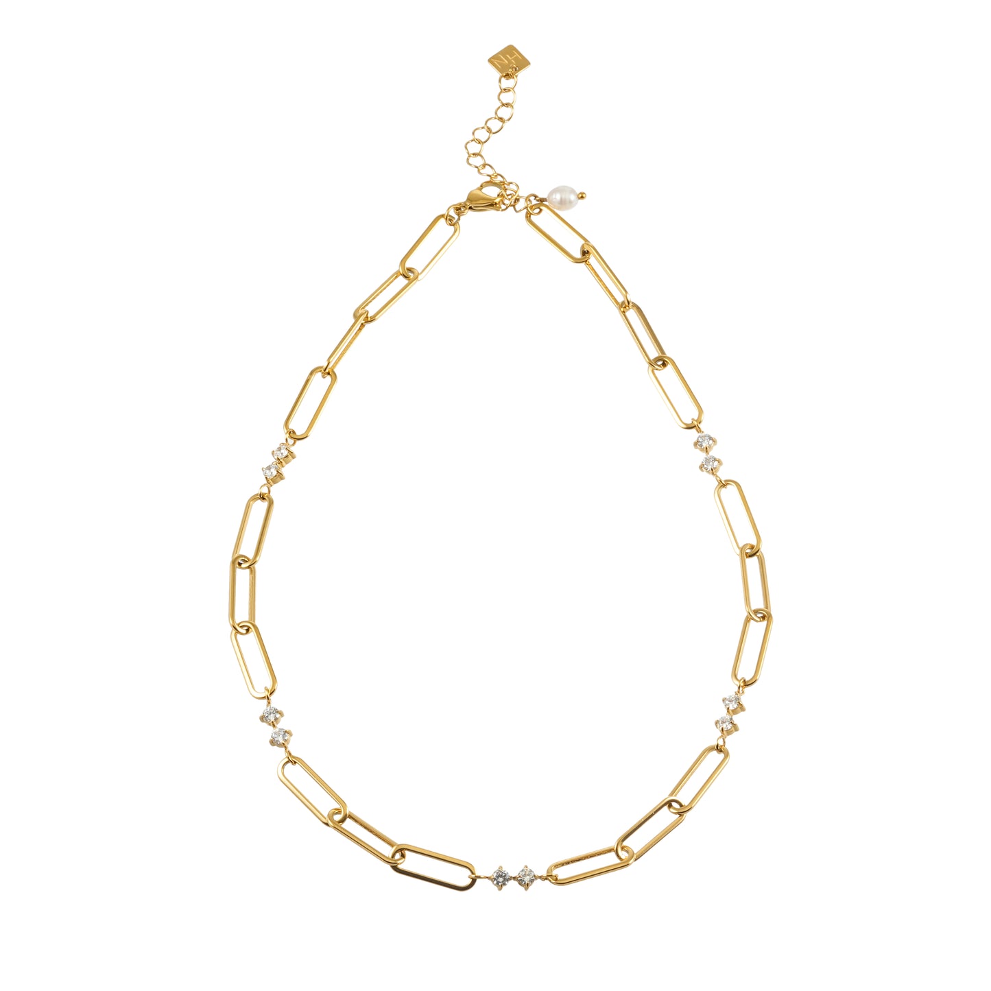 ELOPPINA Gold: Paper Clip Chain with Zirconia Accents & Freshwater Pearl