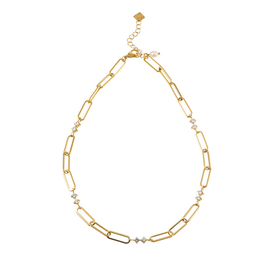 ELOPPINA Gold: Paper Clip Chain with Zirconia Accents & Freshwater Pearl