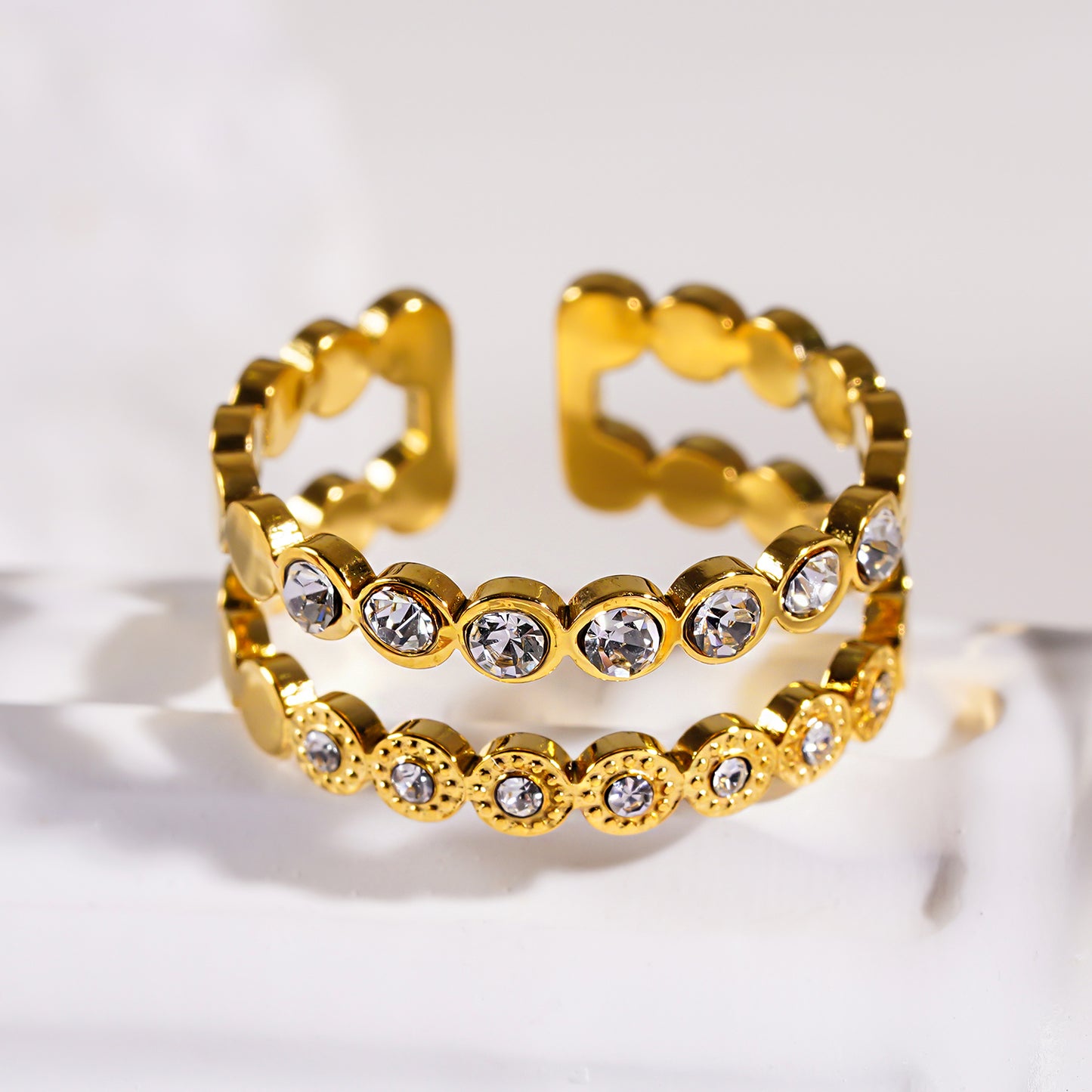 Style ERLAT 4287: Double Stacked Zirconia Embellished Textured Ring.