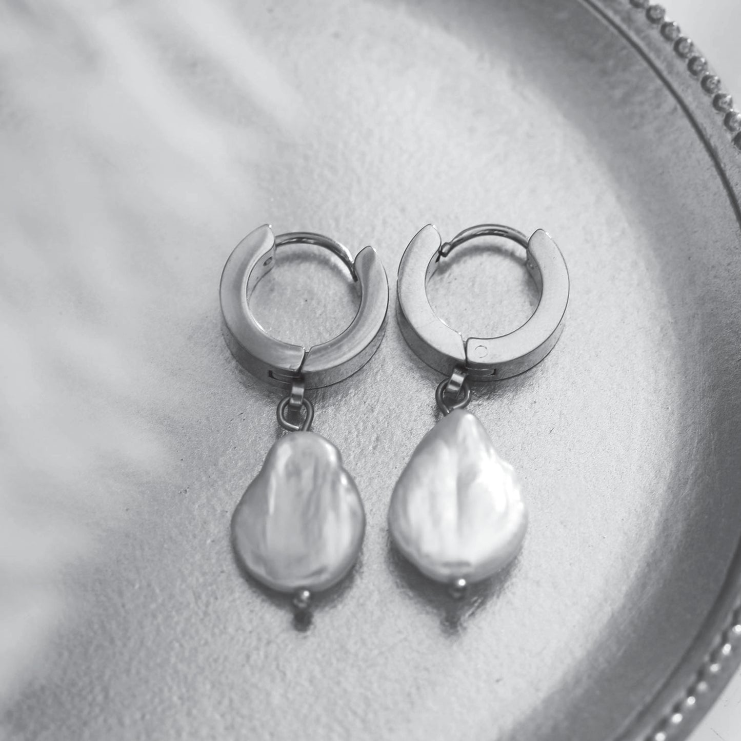 GAIA White Gold (Silver Toned): Baroque Freshwater Pearls on Wide Mini Hoops