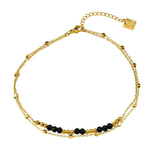 Style HILDA LG 5954: Two in One Square Beads & Round Beads in Black & Gold Anklet.