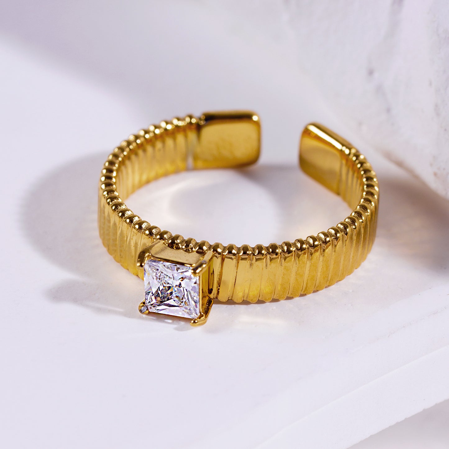 Style HIRAYA: Textured Block Band Ring with a Square Zirconia Centerpiece