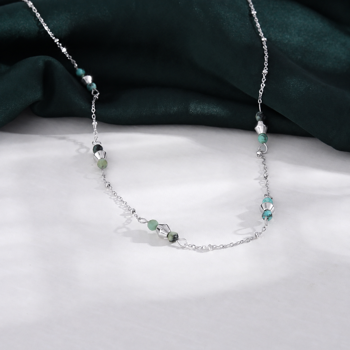 IMANI: Mix Bead Dainty Chain Necklace featuring Natural Stones & White Gold (Silver Toned) Metal