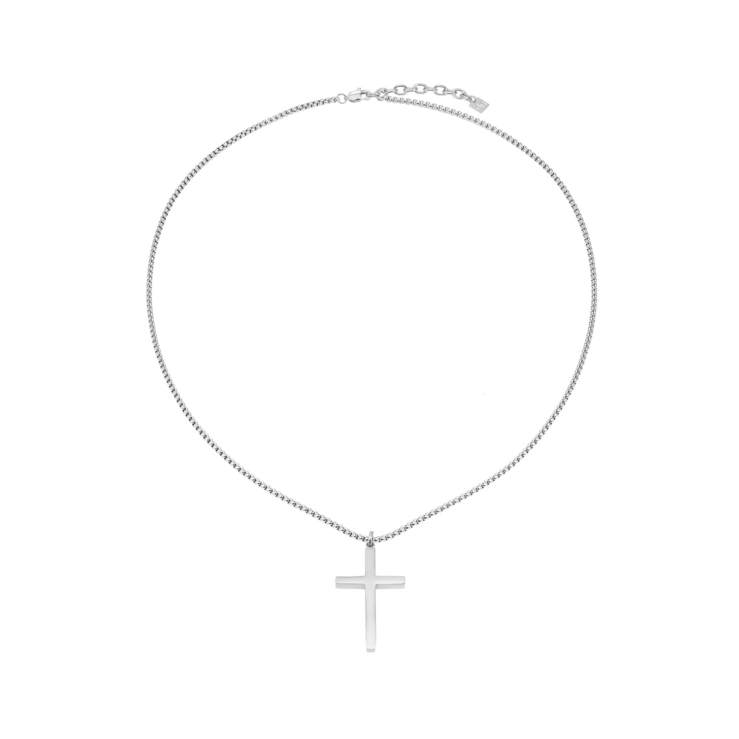 JENGO Silver (White Gold) Square Link Silver Chain Necklace with Minimalist Cross Pendant for Women or Men
