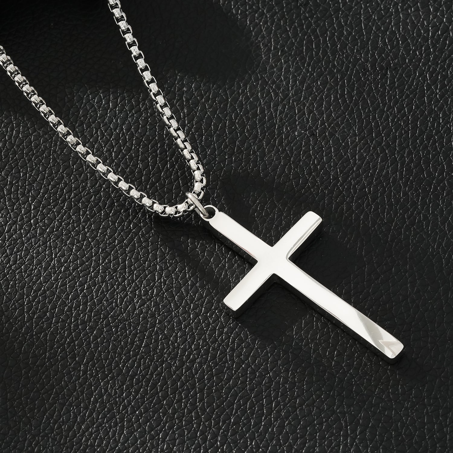 JENGO Silver (White Gold) Square Link Silver Chain Necklace with Minimalist Cross Pendant for Women or Men