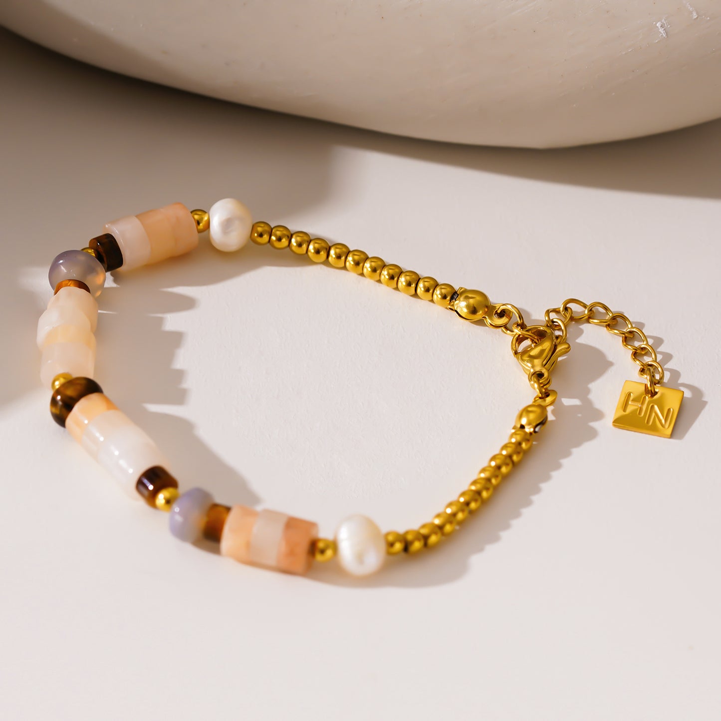 Style JERASA 4588: Chalcedony Stones & Gold Ball-Beaded Bracelet