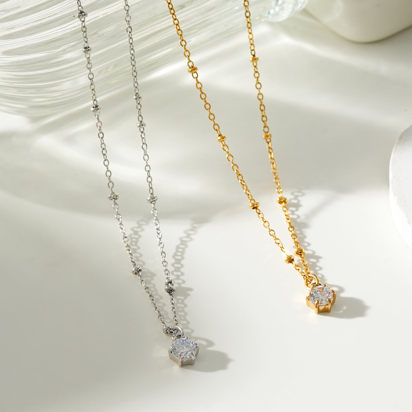 Style KADIRI Gold: Solitaire Zirconia Charm Pendant on a Beaded Chain Necklace